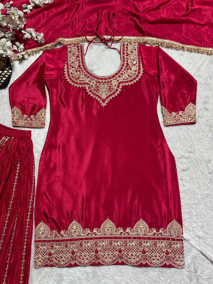 PREMIUM EMBROIDERED SILK SHARARA SUIT SET FOR WOMEN | FESTIVE AND PARTY WEAR SUIT IN WINE AND MAROON RED