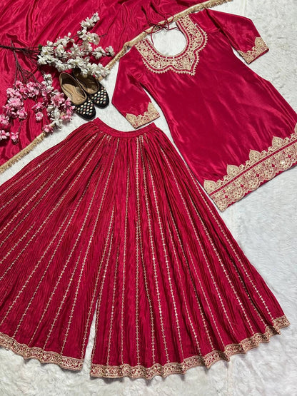 PREMIUM EMBROIDERED SILK SHARARA SUIT SET FOR WOMEN | FESTIVE AND PARTY WEAR SUIT IN WINE AND MAROON RED