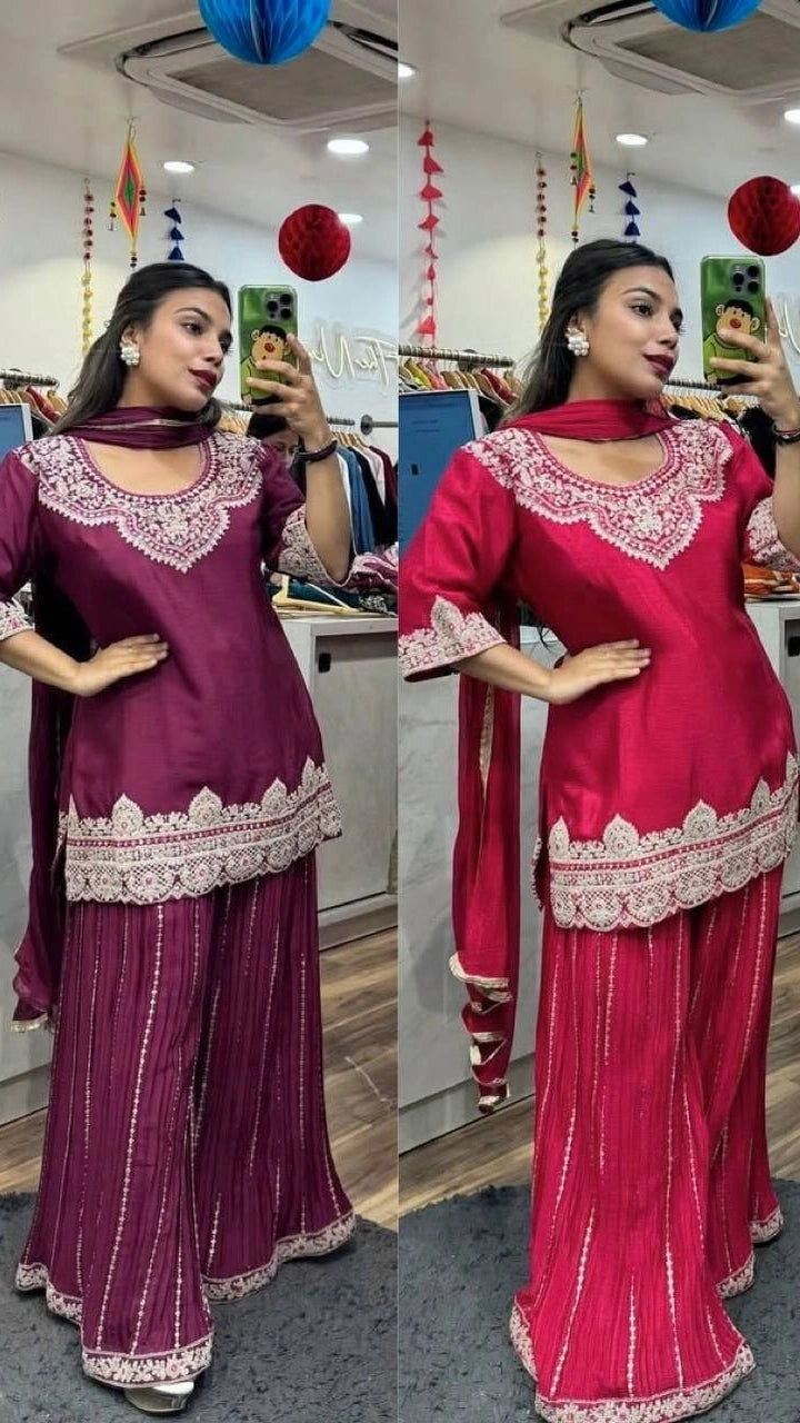 PREMIUM EMBROIDERED SILK SHARARA SUIT SET FOR WOMEN | FESTIVE AND PARTY WEAR SUIT IN WINE AND MAROON RED