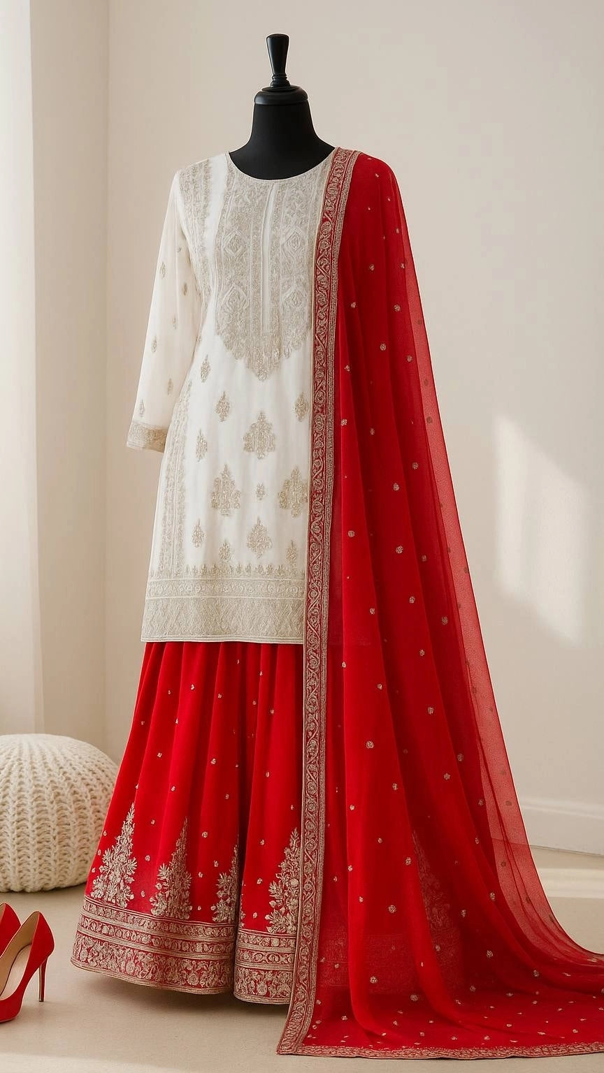 DESIGNER WHITE & YELLOW KURTA SHARARA SET WITH RED DUPATTA | LUXURY EMBROIDERED SUIT FOR WOMEN | WEDDING & FESTIVE COLLECTION