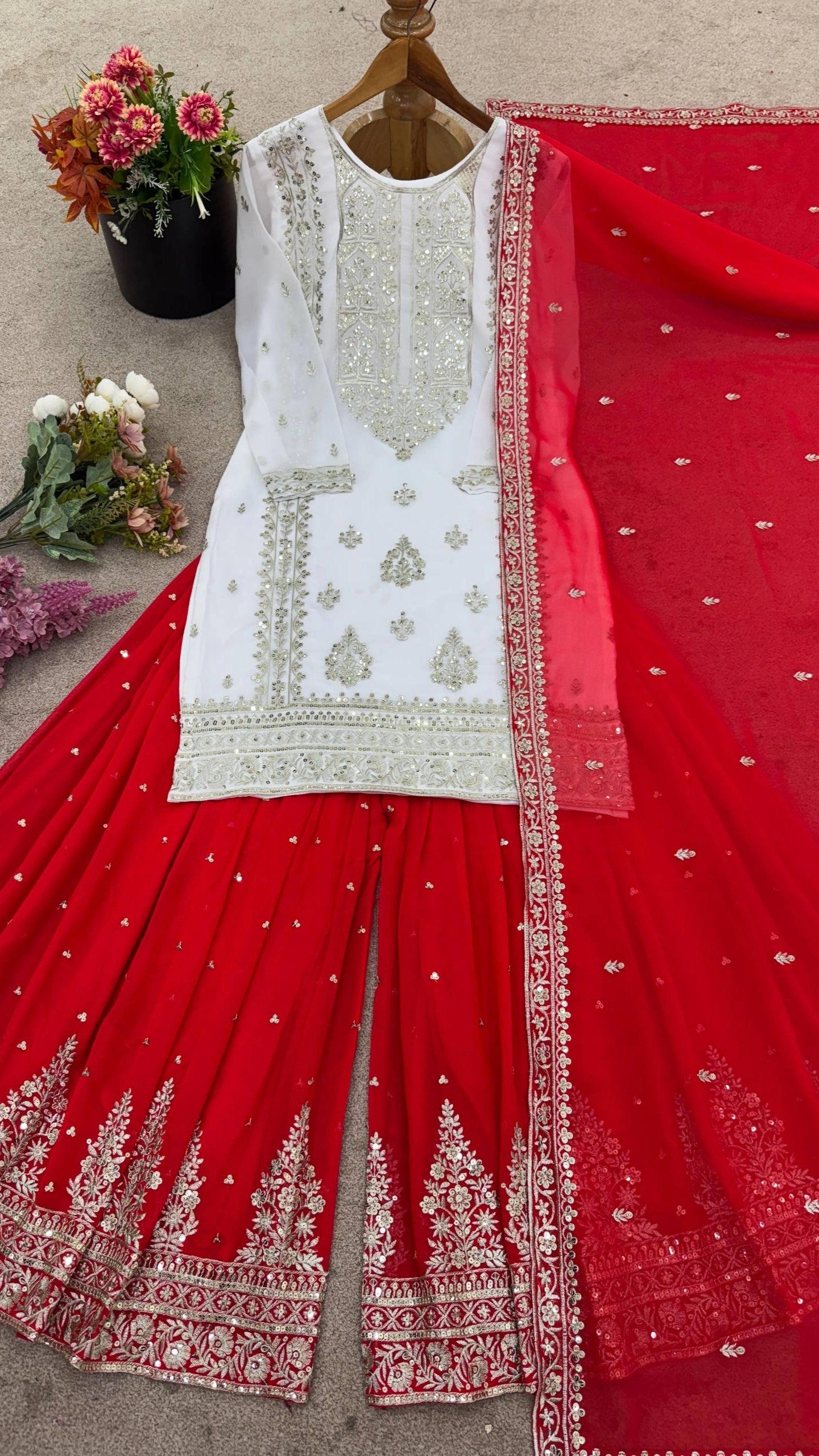 white dress with red dupatta Elegant White Dress Design with Red Dupatta for Eid
