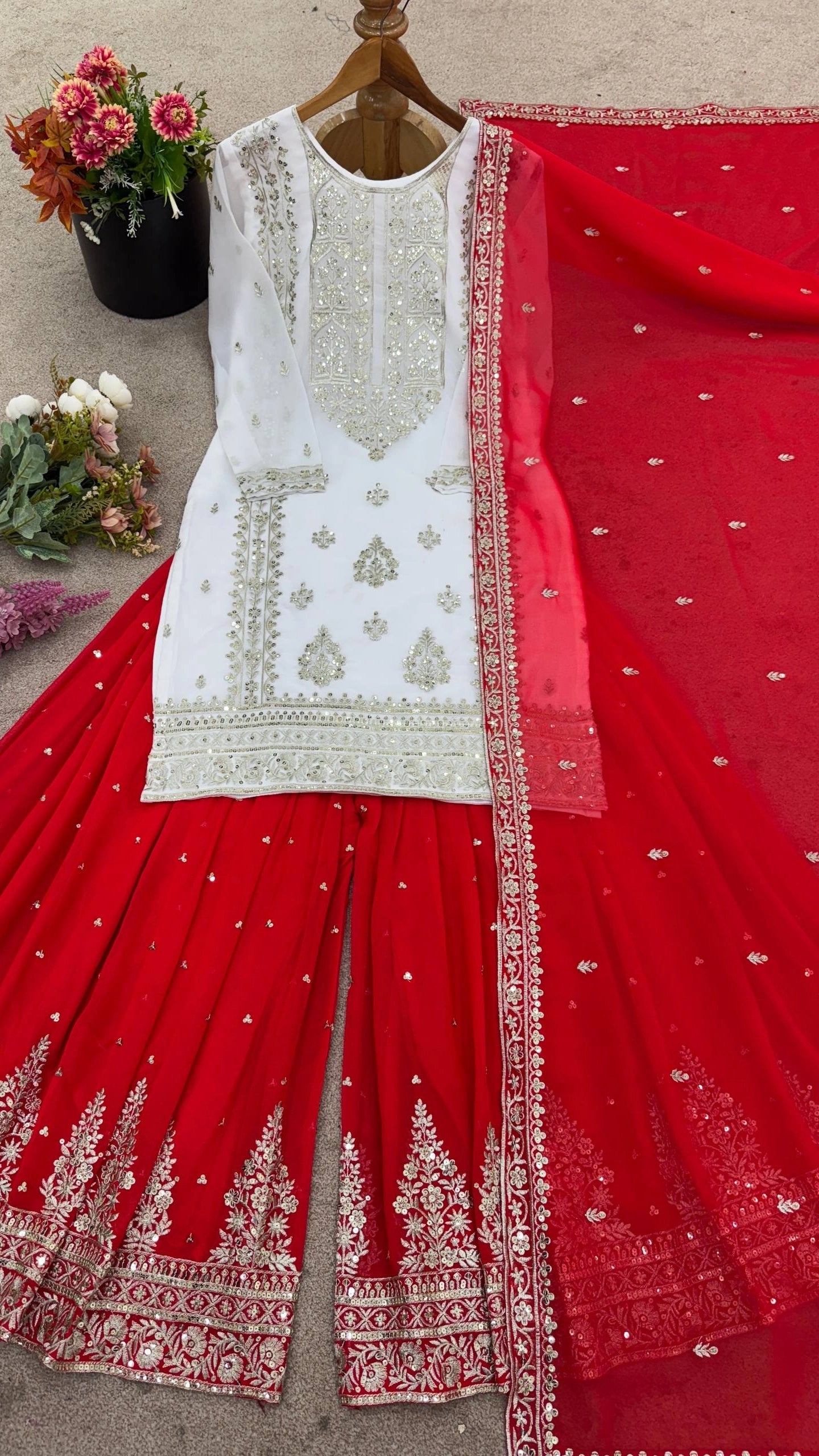 DESIGNER WHITE & YELLOW KURTA SHARARA SET WITH RED DUPATTA | LUXURY EMBROIDERED SUIT FOR WOMEN | WEDDING & FESTIVE COLLECTION