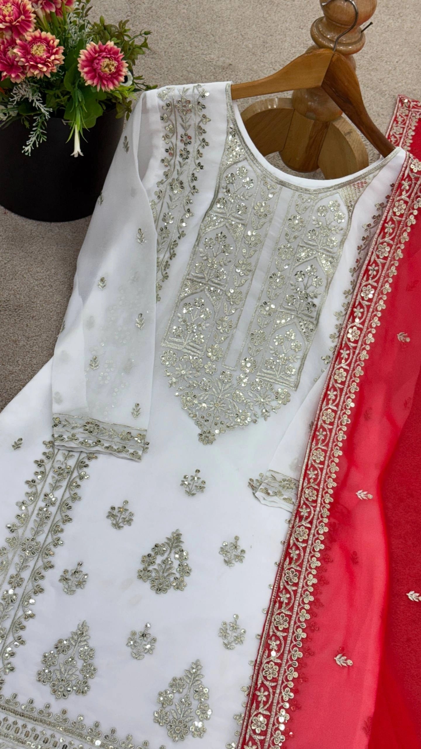 DESIGNER WHITE & YELLOW KURTA SHARARA SET WITH RED DUPATTA | LUXURY EMBROIDERED SUIT FOR WOMEN | WEDDING & FESTIVE COLLECTION