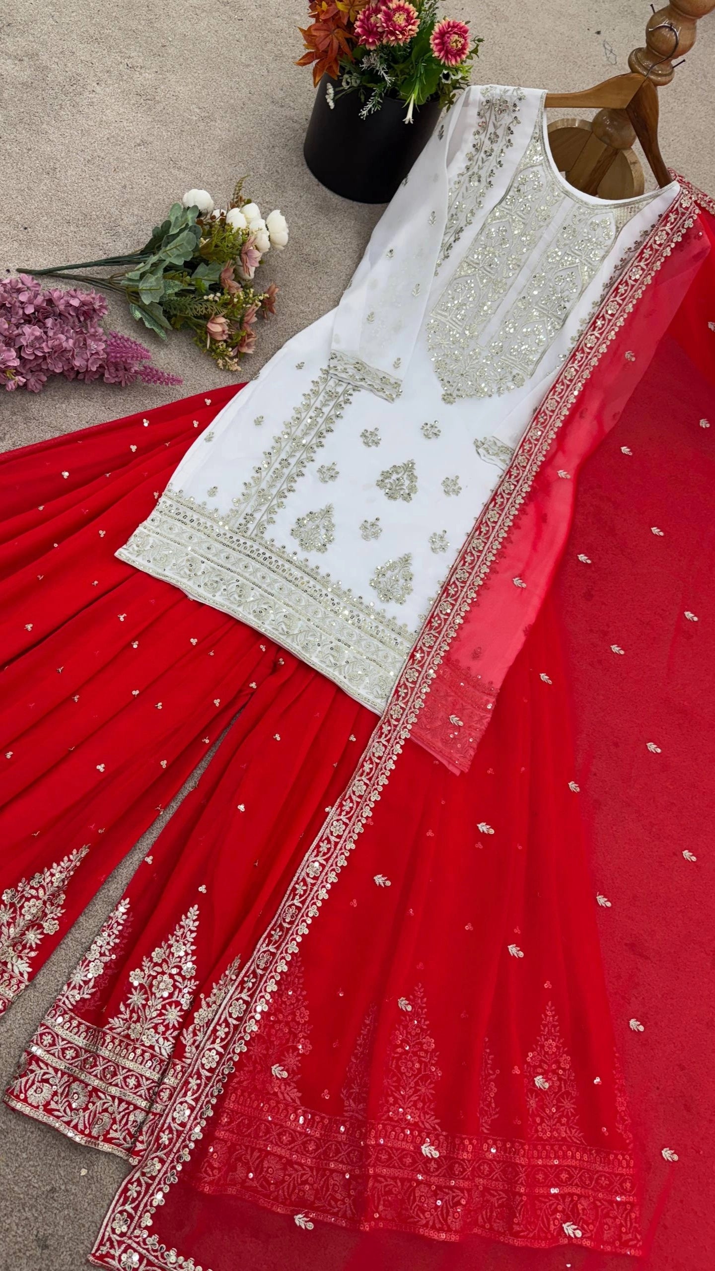 DESIGNER WHITE & YELLOW KURTA SHARARA SET WITH RED DUPATTA | LUXURY EMBROIDERED SUIT FOR WOMEN | WEDDING & FESTIVE COLLECTION