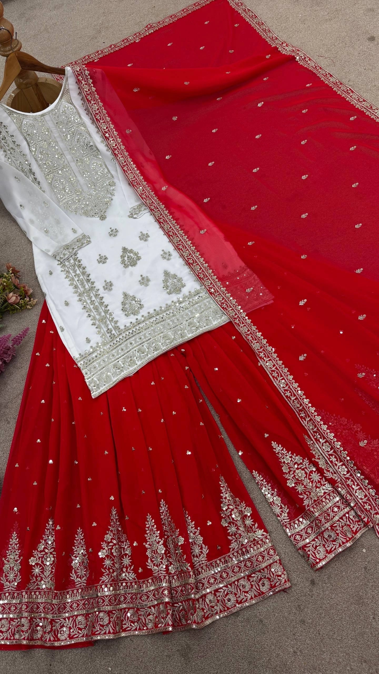 DESIGNER WHITE & YELLOW KURTA SHARARA SET WITH RED DUPATTA | LUXURY EMBROIDERED SUIT FOR WOMEN | WEDDING & FESTIVE COLLECTION