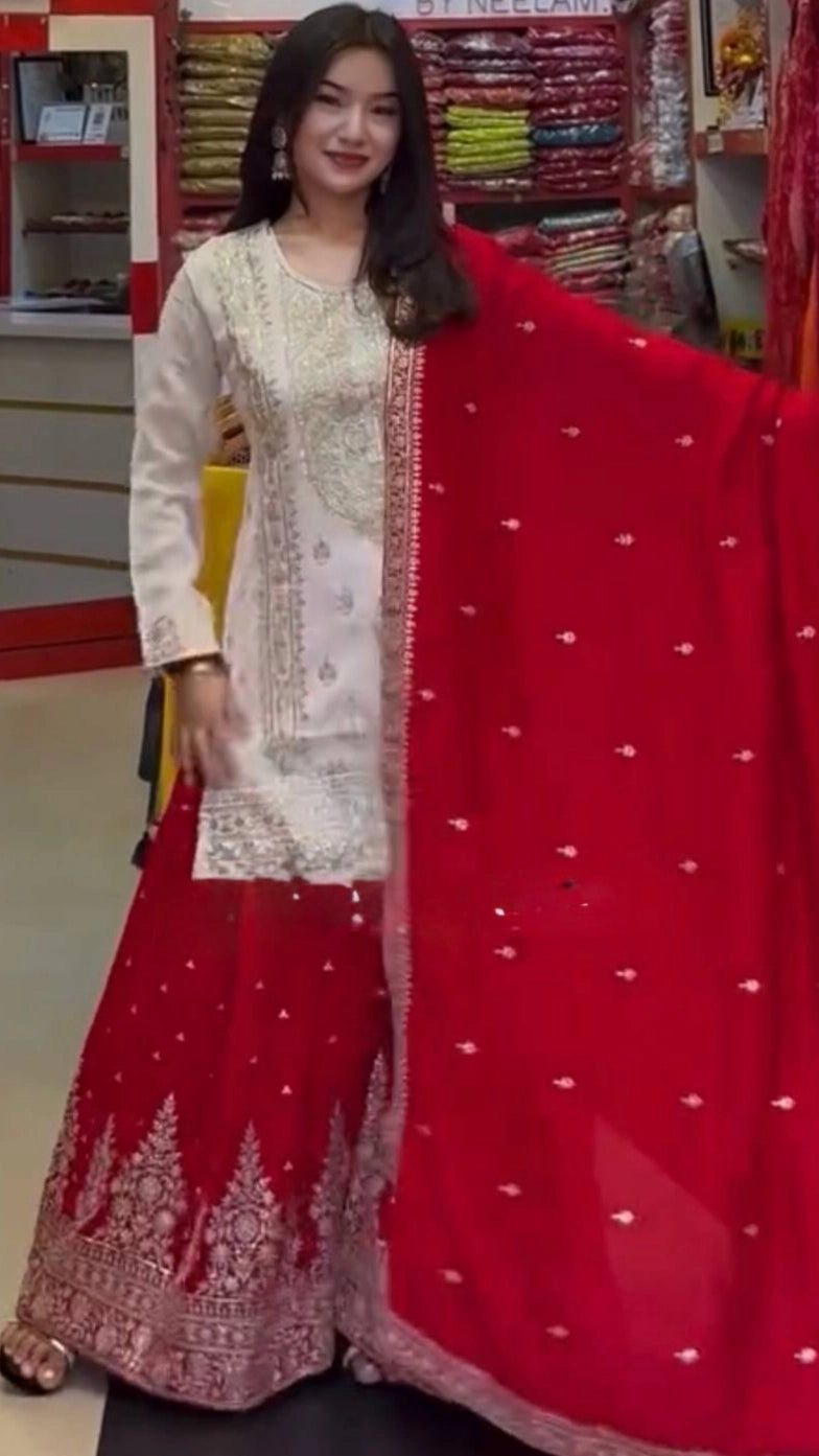 DESIGNER WHITE & YELLOW KURTA SHARARA SET WITH RED DUPATTA | LUXURY EMBROIDERED SUIT FOR WOMEN | WEDDING & FESTIVE COLLECTION