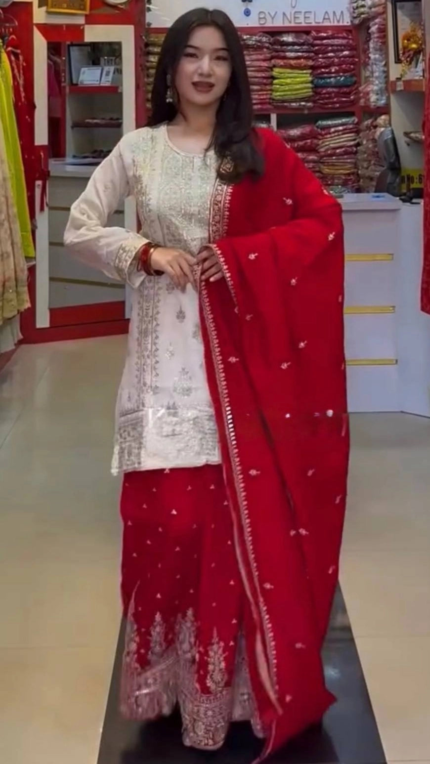 DESIGNER WHITE & YELLOW KURTA SHARARA SET WITH RED DUPATTA | LUXURY EMBROIDERED SUIT FOR WOMEN | WEDDING & FESTIVE COLLECTION