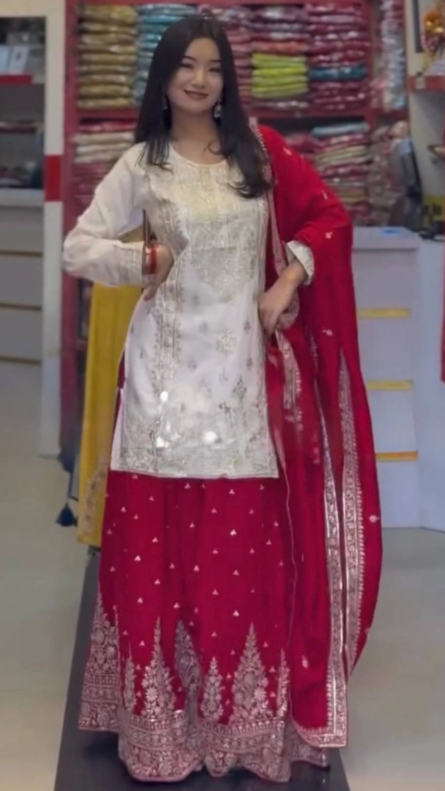 DESIGNER WHITE & YELLOW KURTA SHARARA SET WITH RED DUPATTA | LUXURY EMBROIDERED SUIT FOR WOMEN | WEDDING & FESTIVE COLLECTION