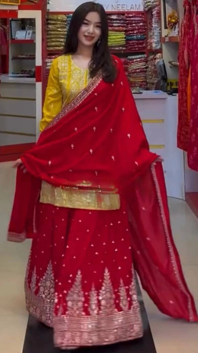 DESIGNER WHITE & YELLOW KURTA SHARARA SET WITH RED DUPATTA | LUXURY EMBROIDERED SUIT FOR WOMEN | WEDDING & FESTIVE COLLECTION