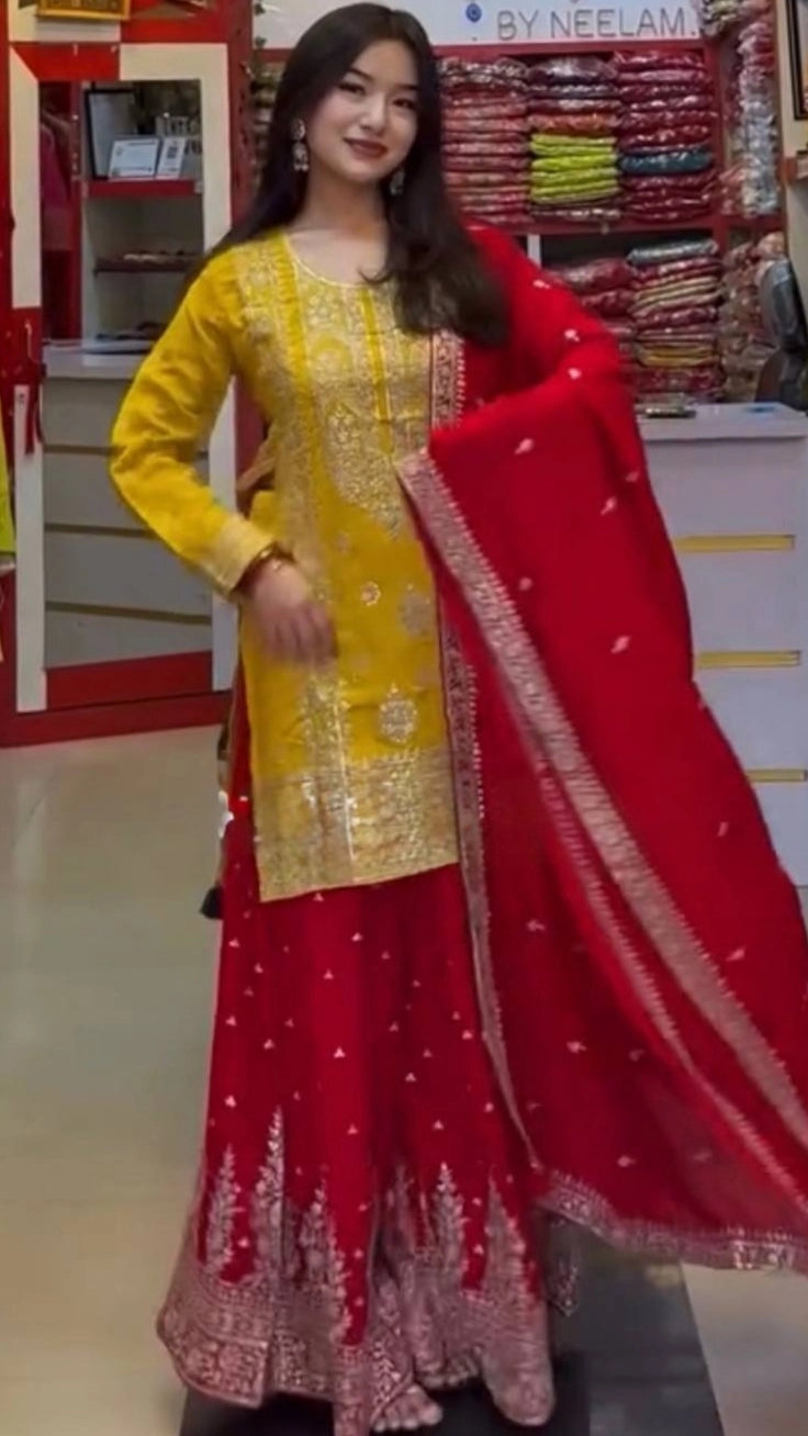 DESIGNER WHITE & YELLOW KURTA SHARARA SET WITH RED DUPATTA | LUXURY EMBROIDERED SUIT FOR WOMEN | WEDDING & FESTIVE COLLECTION