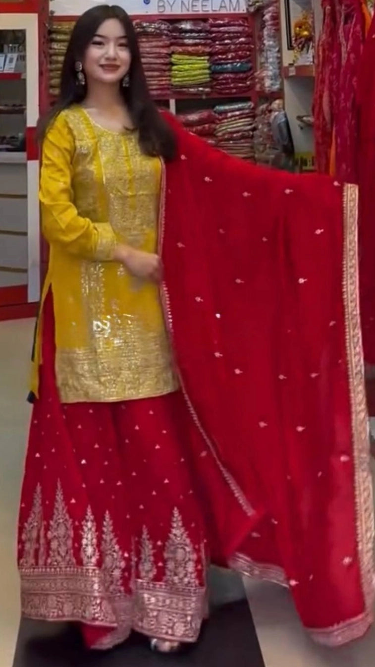 DESIGNER WHITE & YELLOW KURTA SHARARA SET WITH RED DUPATTA | LUXURY EMBROIDERED SUIT FOR WOMEN | WEDDING & FESTIVE COLLECTION