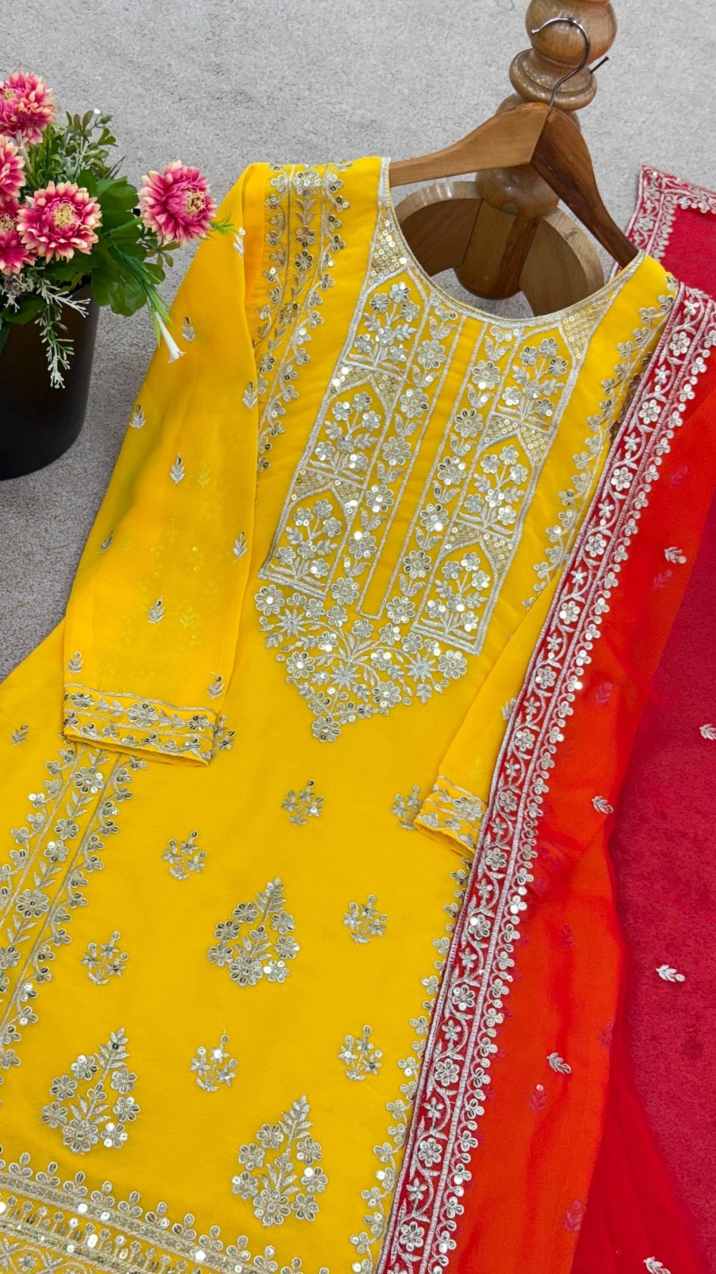 DESIGNER WHITE & YELLOW KURTA SHARARA SET WITH RED DUPATTA | LUXURY EMBROIDERED SUIT FOR WOMEN | WEDDING & FESTIVE COLLECTION