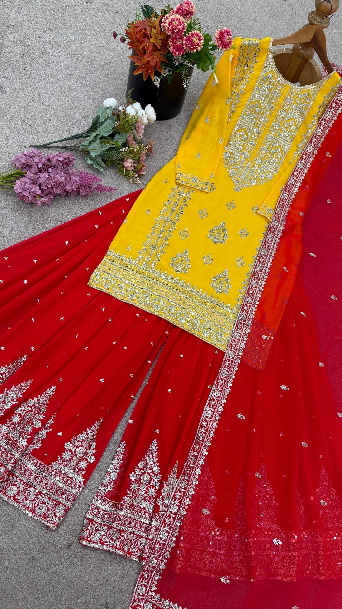 DESIGNER WHITE & YELLOW KURTA SHARARA SET WITH RED DUPATTA | LUXURY EMBROIDERED SUIT FOR WOMEN | WEDDING & FESTIVE COLLECTION