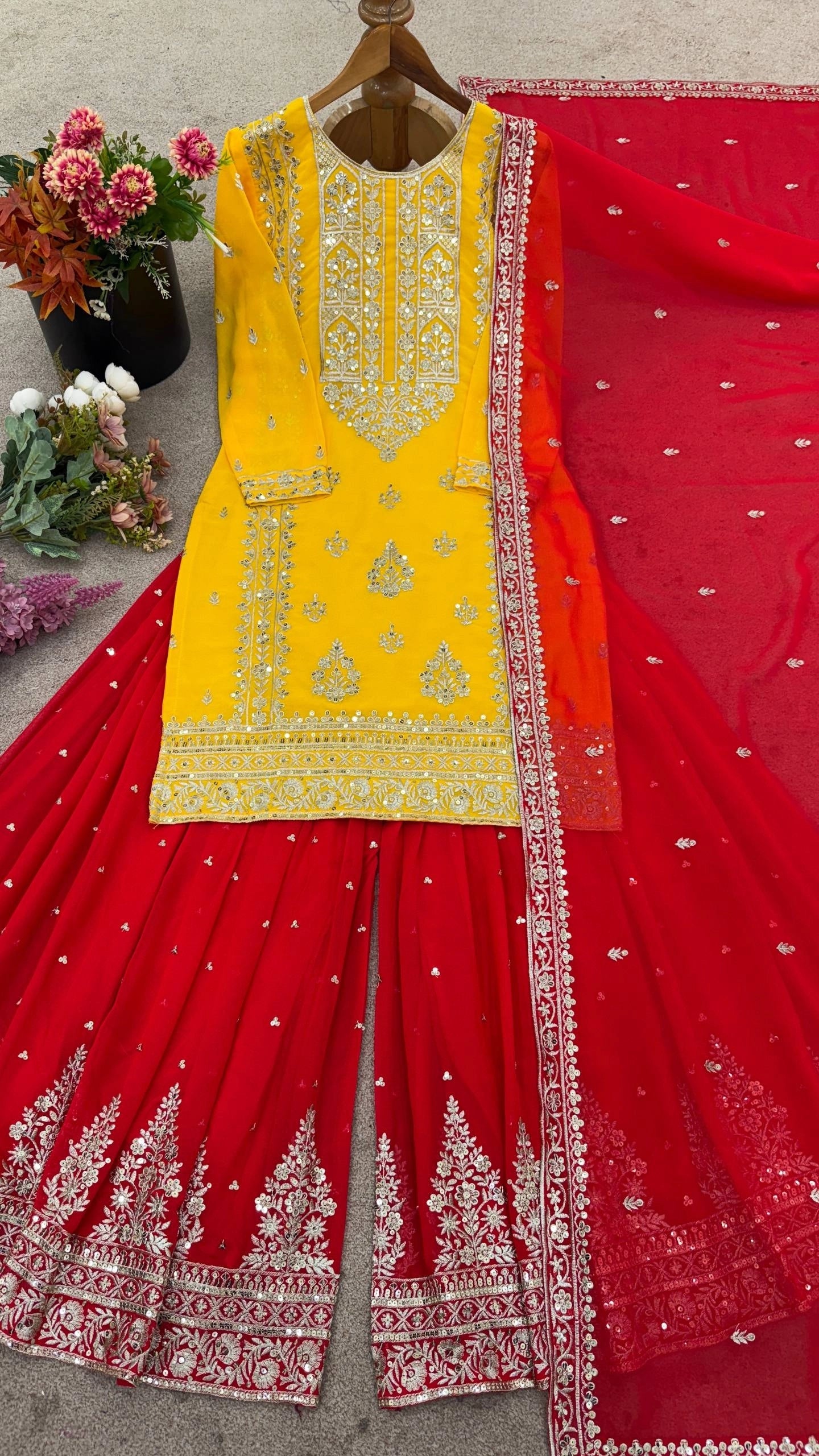 DESIGNER WHITE & YELLOW KURTA SHARARA SET WITH RED DUPATTA | LUXURY EMBROIDERED SUIT FOR WOMEN | WEDDING & FESTIVE COLLECTION