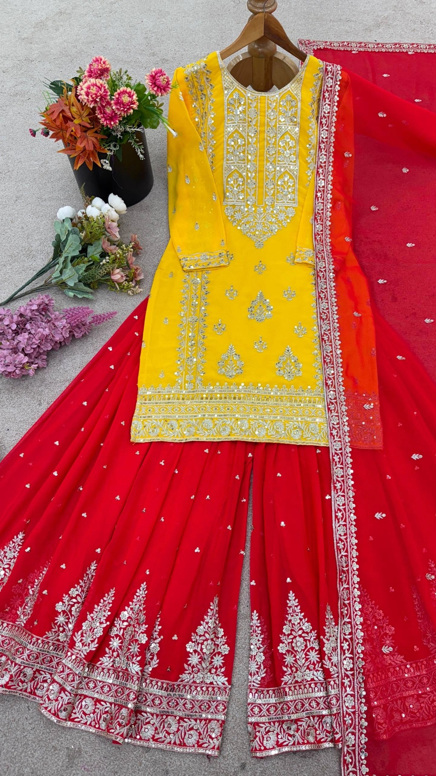 DESIGNER WHITE & YELLOW KURTA SHARARA SET WITH RED DUPATTA | LUXURY EMBROIDERED SUIT FOR WOMEN | WEDDING & FESTIVE COLLECTION