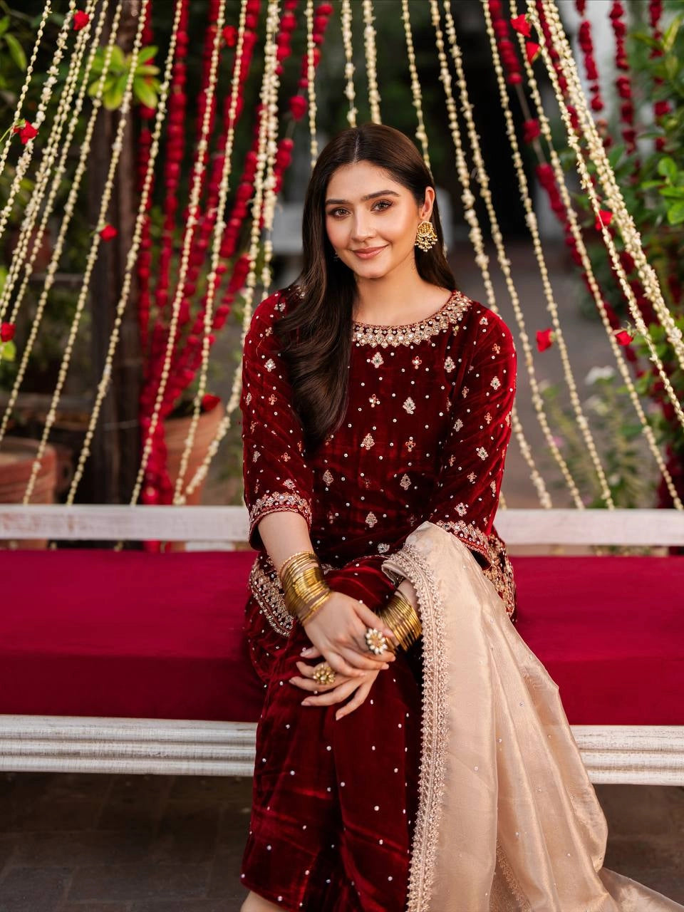 LUXURY MAROON VELVET EMBROIDERED PAKISTANI SUIT – BRIDAL AND FESTIVE WEAR | DESIGNER VELVET SALWAR KAMEEZ WITH GOLDEN Handwork AND Dupatta
