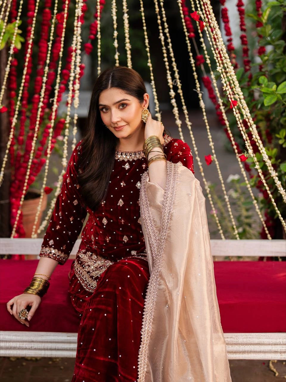 LUXURY MAROON VELVET EMBROIDERED PAKISTANI SUIT – BRIDAL AND FESTIVE WEAR | DESIGNER VELVET SALWAR KAMEEZ WITH GOLDEN Handwork AND Dupatta
