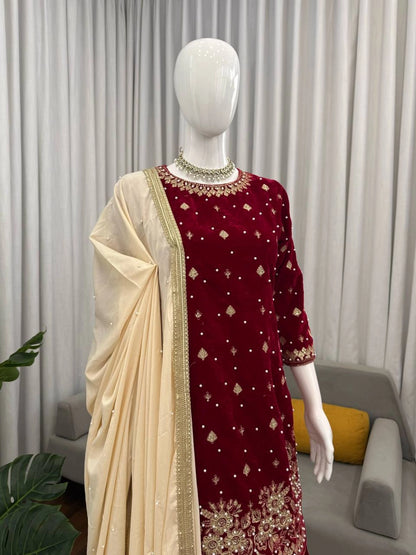 LUXURY MAROON VELVET EMBROIDERED PAKISTANI SUIT – BRIDAL AND FESTIVE WEAR | DESIGNER VELVET SALWAR KAMEEZ WITH GOLDEN Handwork AND Dupatta
