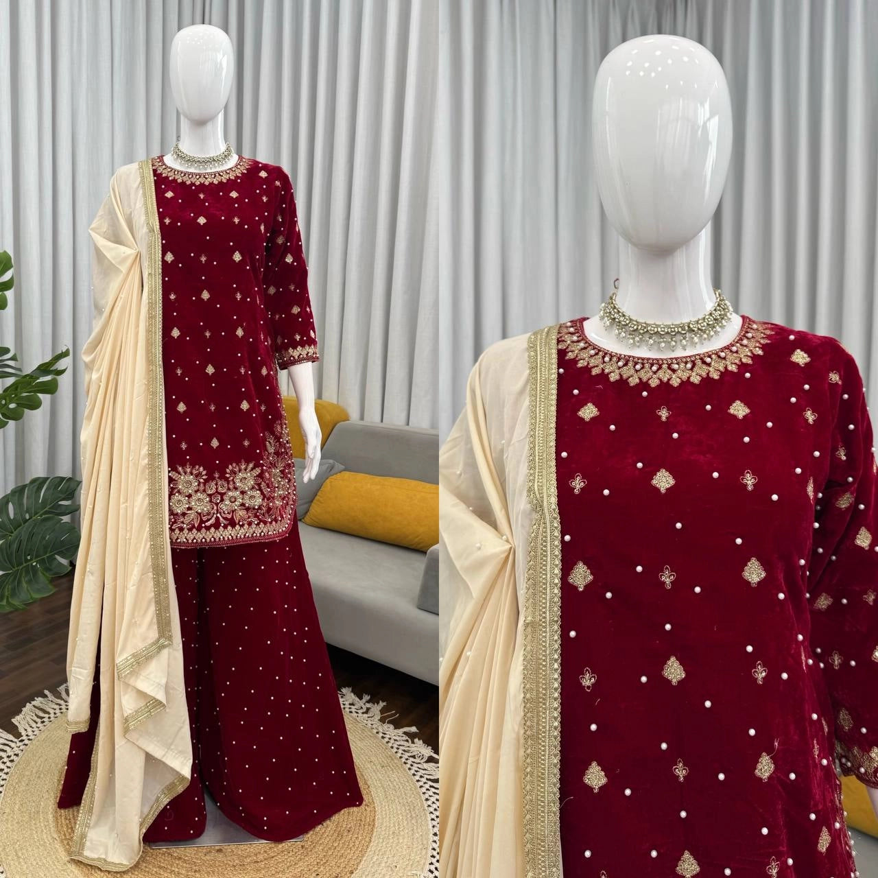 LUXURY MAROON VELVET EMBROIDERED PAKISTANI SUIT – BRIDAL AND FESTIVE WEAR | DESIGNER VELVET SALWAR KAMEEZ WITH GOLDEN Handwork AND Dupatta