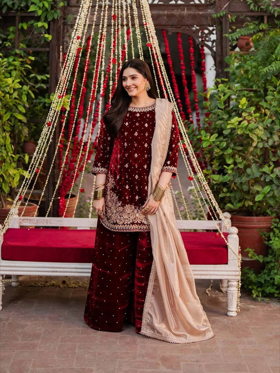 LUXURY MAROON VELVET EMBROIDERED PAKISTANI SUIT – BRIDAL AND FESTIVE WEAR | DESIGNER VELVET SALWAR KAMEEZ WITH GOLDEN Handwork AND Dupatta