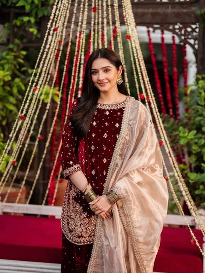 LUXURY MAROON VELVET EMBROIDERED PAKISTANI SUIT – BRIDAL AND FESTIVE WEAR | DESIGNER VELVET SALWAR KAMEEZ WITH GOLDEN Handwork AND Dupatta