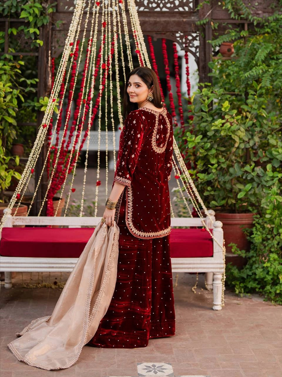 LUXURY MAROON VELVET EMBROIDERED PAKISTANI SUIT – BRIDAL AND FESTIVE WEAR | DESIGNER VELVET SALWAR KAMEEZ WITH GOLDEN Handwork AND Dupatta