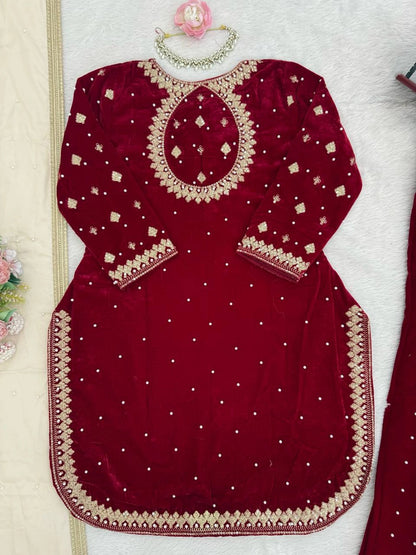 LUXURY MAROON VELVET EMBROIDERED PAKISTANI SUIT – BRIDAL AND FESTIVE WEAR | DESIGNER VELVET SALWAR KAMEEZ WITH GOLDEN Handwork AND Dupatta