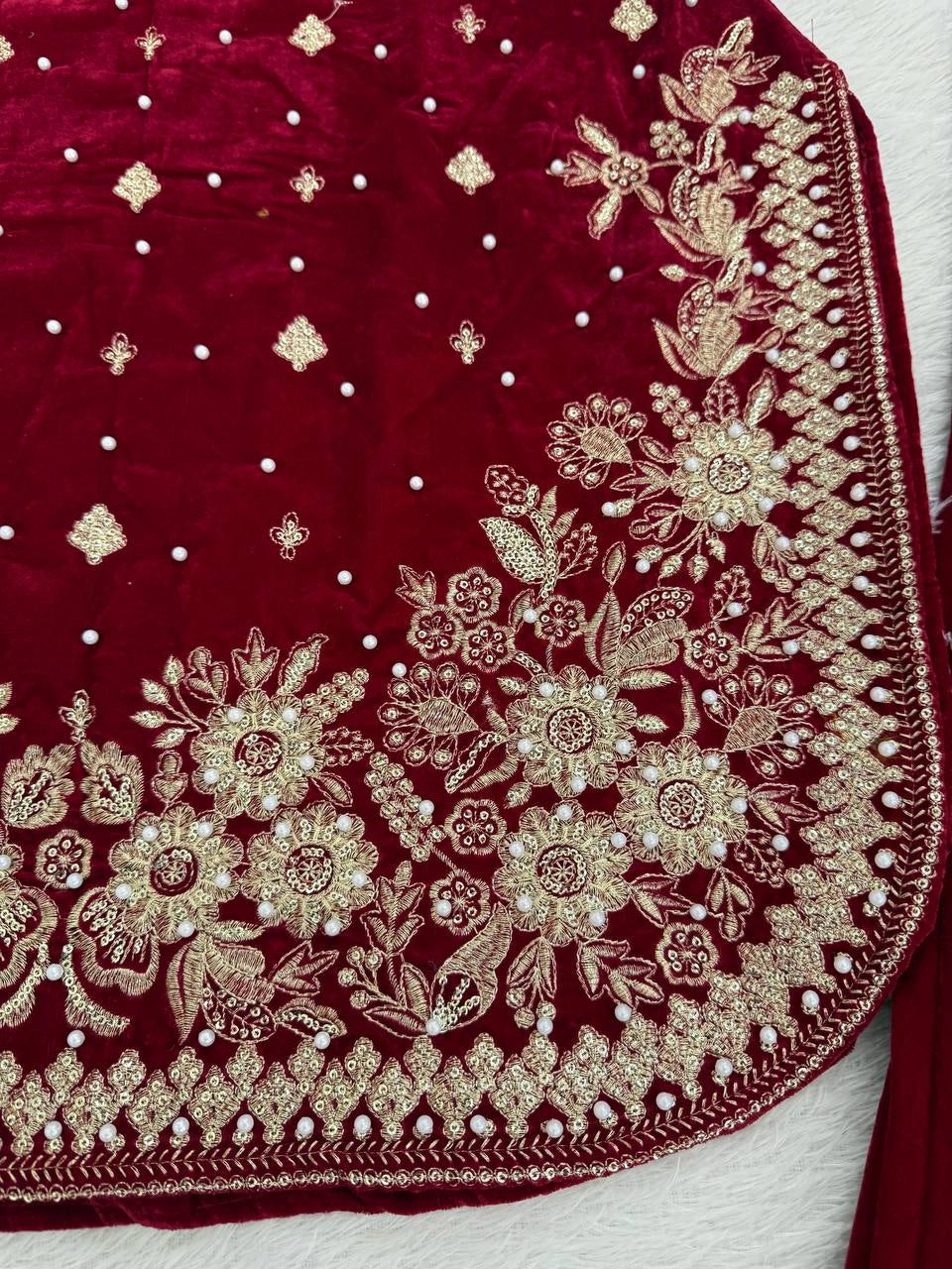 LUXURY MAROON VELVET EMBROIDERED PAKISTANI SUIT – BRIDAL AND FESTIVE WEAR | DESIGNER VELVET SALWAR KAMEEZ WITH GOLDEN Handwork AND Dupatta