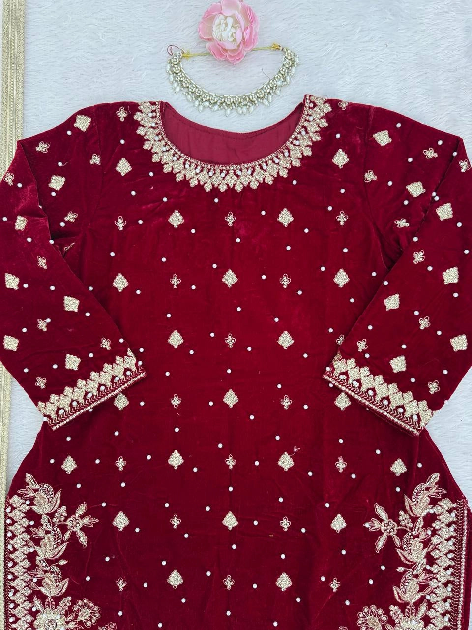 LUXURY MAROON VELVET EMBROIDERED PAKISTANI SUIT – BRIDAL AND FESTIVE WEAR | DESIGNER VELVET SALWAR KAMEEZ WITH GOLDEN Handwork AND Dupatta