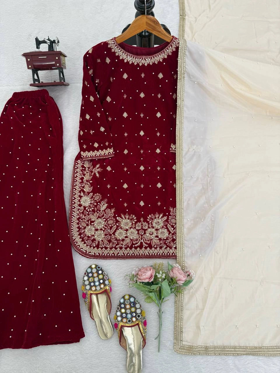 LUXURY MAROON VELVET EMBROIDERED PAKISTANI SUIT – BRIDAL AND FESTIVE WEAR | DESIGNER VELVET SALWAR KAMEEZ WITH GOLDEN Handwork AND Dupatta