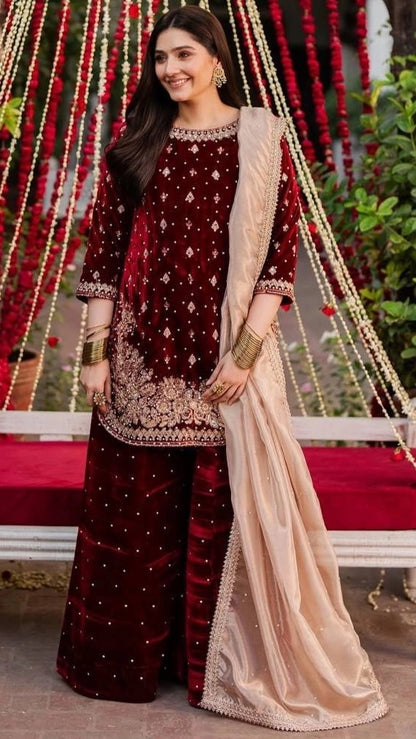 LUXURY MAROON VELVET EMBROIDERED PAKISTANI SUIT – BRIDAL AND FESTIVE WEAR | DESIGNER VELVET SALWAR KAMEEZ WITH GOLDEN Handwork AND Dupatta