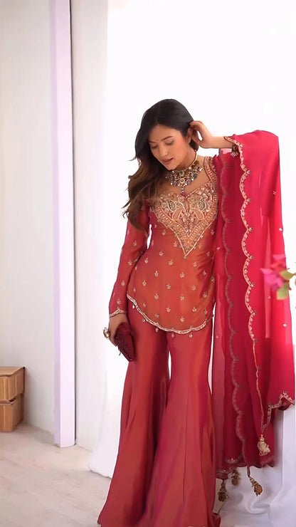 PREMIUM EMBROIDERED SHARARA SET WITH HEAVY WORK KURTI AND DUPATTA – WEDDING AND PARTY WEAR DESIGNER SUIT”