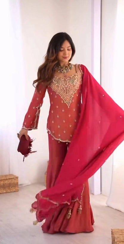 PREMIUM EMBROIDERED SHARARA SET WITH HEAVY WORK KURTI AND DUPATTA – WEDDING AND PARTY WEAR DESIGNER SUIT”