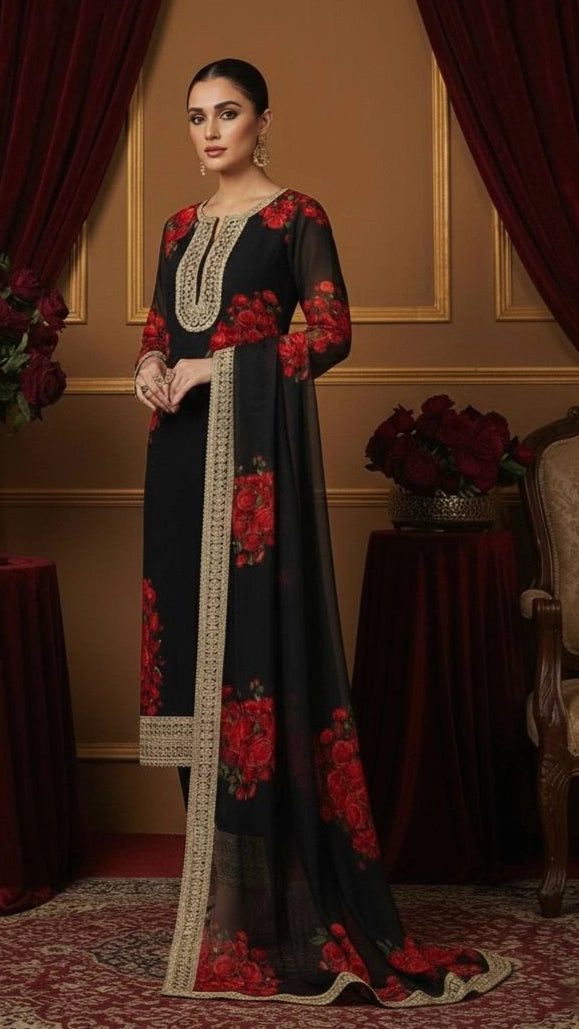 PREMIUM BLACK FLORAL EMBROIDERED SUIT SET WITH DUPATTA | WHOLESALE RATE AT GEELAN FASHION SURAT