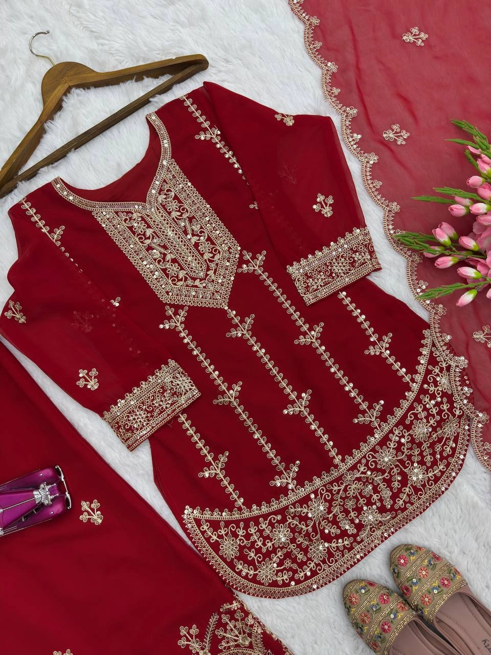 PREMIUM MAROON HEAVY EMBROIDERED SUIT SET WITH DUPATTA (FRONT & BACK WORK) | WHOLESALE RATE AT GEELAN FASHION SURAT