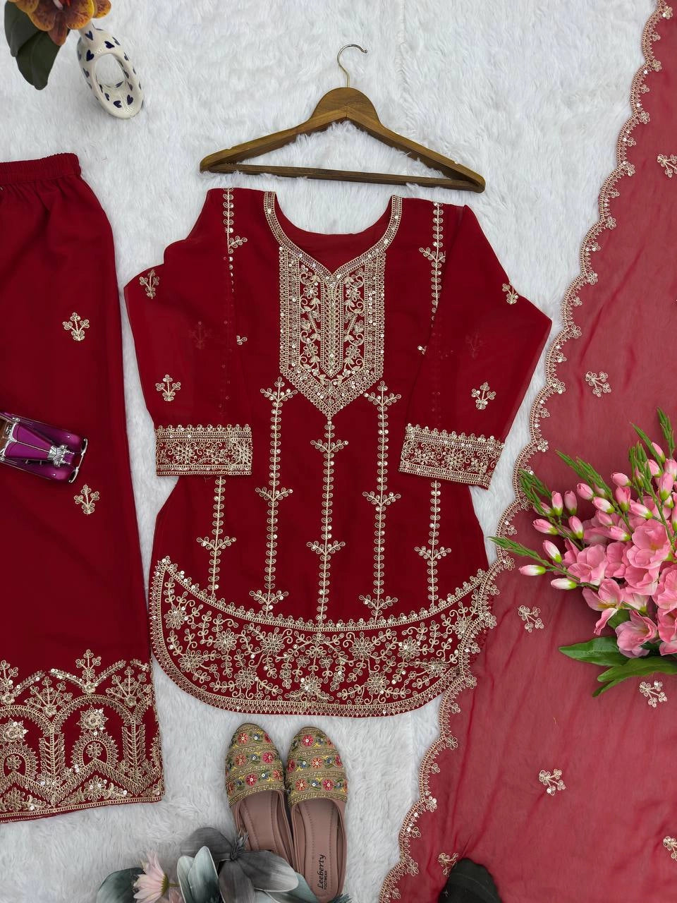 PREMIUM MAROON HEAVY EMBROIDERED SUIT SET WITH DUPATTA (FRONT & BACK WORK) | WHOLESALE RATE AT GEELAN FASHION SURAT