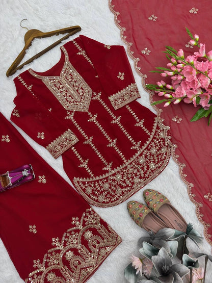 PREMIUM MAROON HEAVY EMBROIDERED SUIT SET WITH DUPATTA (FRONT & BACK WORK) | WHOLESALE RATE AT GEELAN FASHION SURAT