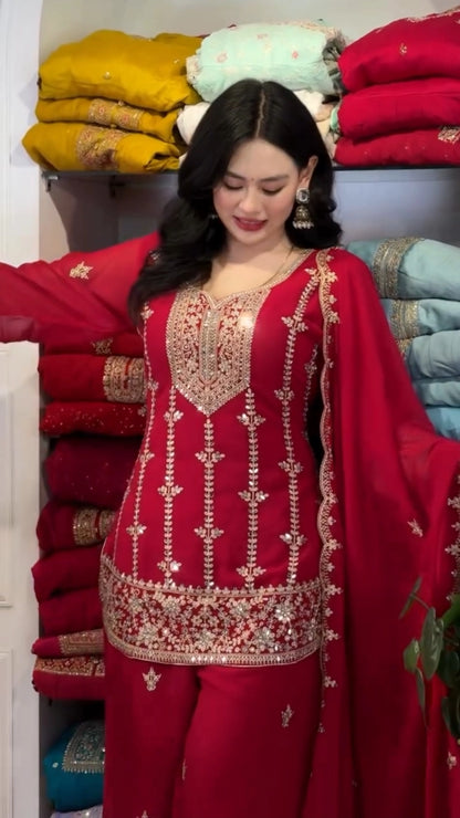 PREMIUM MAROON HEAVY EMBROIDERED SUIT SET WITH DUPATTA (FRONT & BACK WORK) | WHOLESALE RATE AT GEELAN FASHION SURAT
