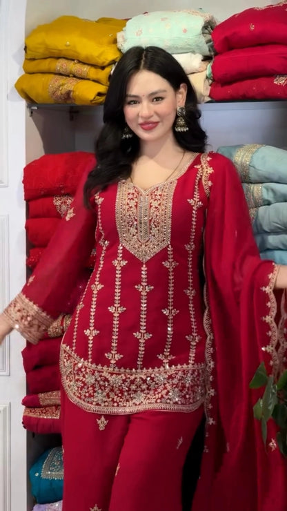 PREMIUM MAROON HEAVY EMBROIDERED SUIT SET WITH DUPATTA (FRONT & BACK WORK) | WHOLESALE RATE AT GEELAN FASHION SURAT