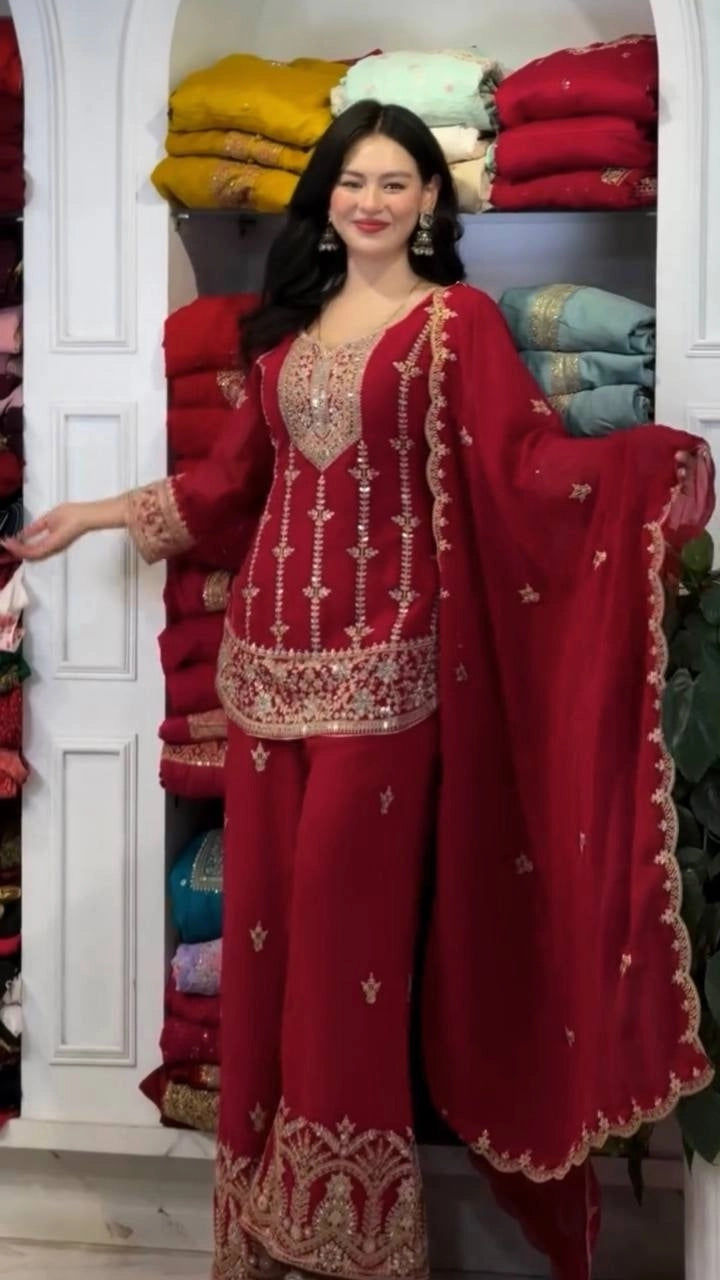 PREMIUM MAROON HEAVY EMBROIDERED SUIT SET WITH DUPATTA (FRONT & BACK WORK) | WHOLESALE RATE AT GEELAN FASHION SURAT