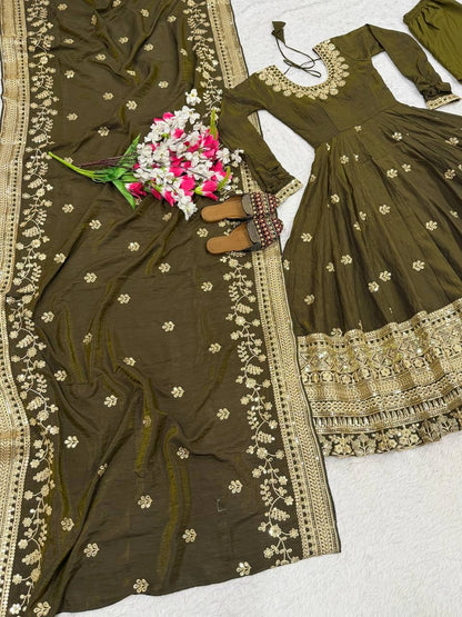 PREMIUM OLIVE GREEN HEAVY EMBROIDERED ANARKALI SUIT SET WITH DUPATTA | WHOLESALE RATE AT GEELAN FASHION SURAT