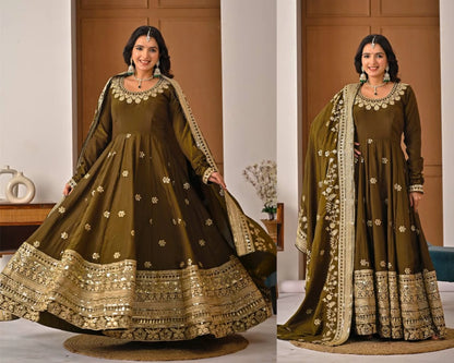 PREMIUM OLIVE GREEN HEAVY EMBROIDERED ANARKALI SUIT SET WITH DUPATTA | WHOLESALE RATE AT GEELAN FASHION SURAT