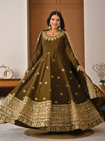 PREMIUM OLIVE GREEN HEAVY EMBROIDERED ANARKALI SUIT SET WITH DUPATTA | WHOLESALE RATE AT GEELAN FASHION SURAT