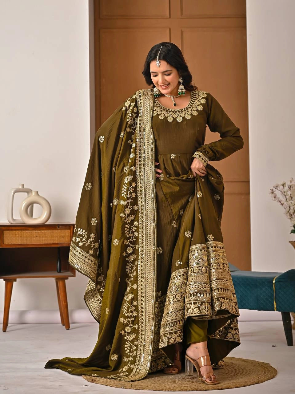 PREMIUM OLIVE GREEN HEAVY EMBROIDERED ANARKALI SUIT SET WITH DUPATTA | WHOLESALE RATE AT GEELAN FASHION SURAT
