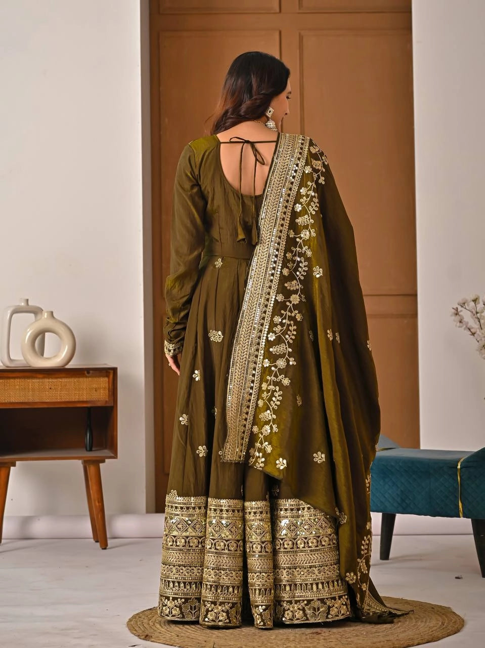 PREMIUM OLIVE GREEN HEAVY EMBROIDERED ANARKALI SUIT SET WITH DUPATTA | WHOLESALE RATE AT GEELAN FASHION SURAT
