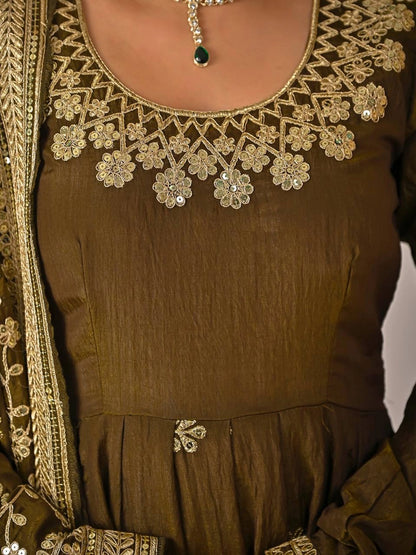 PREMIUM OLIVE GREEN HEAVY EMBROIDERED ANARKALI SUIT SET WITH DUPATTA | WHOLESALE RATE AT GEELAN FASHION SURAT