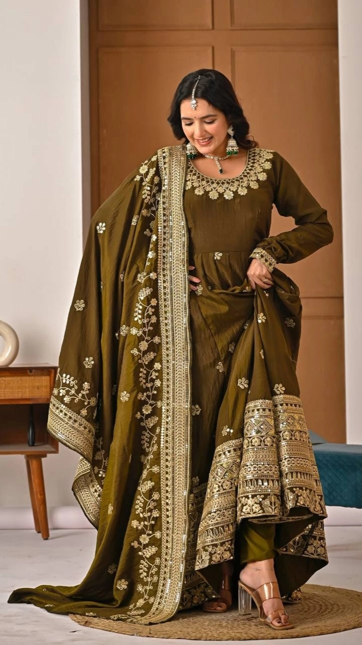 PREMIUM OLIVE GREEN HEAVY EMBROIDERED ANARKALI SUIT SET WITH DUPATTA | WHOLESALE RATE AT GEELAN FASHION SURAT