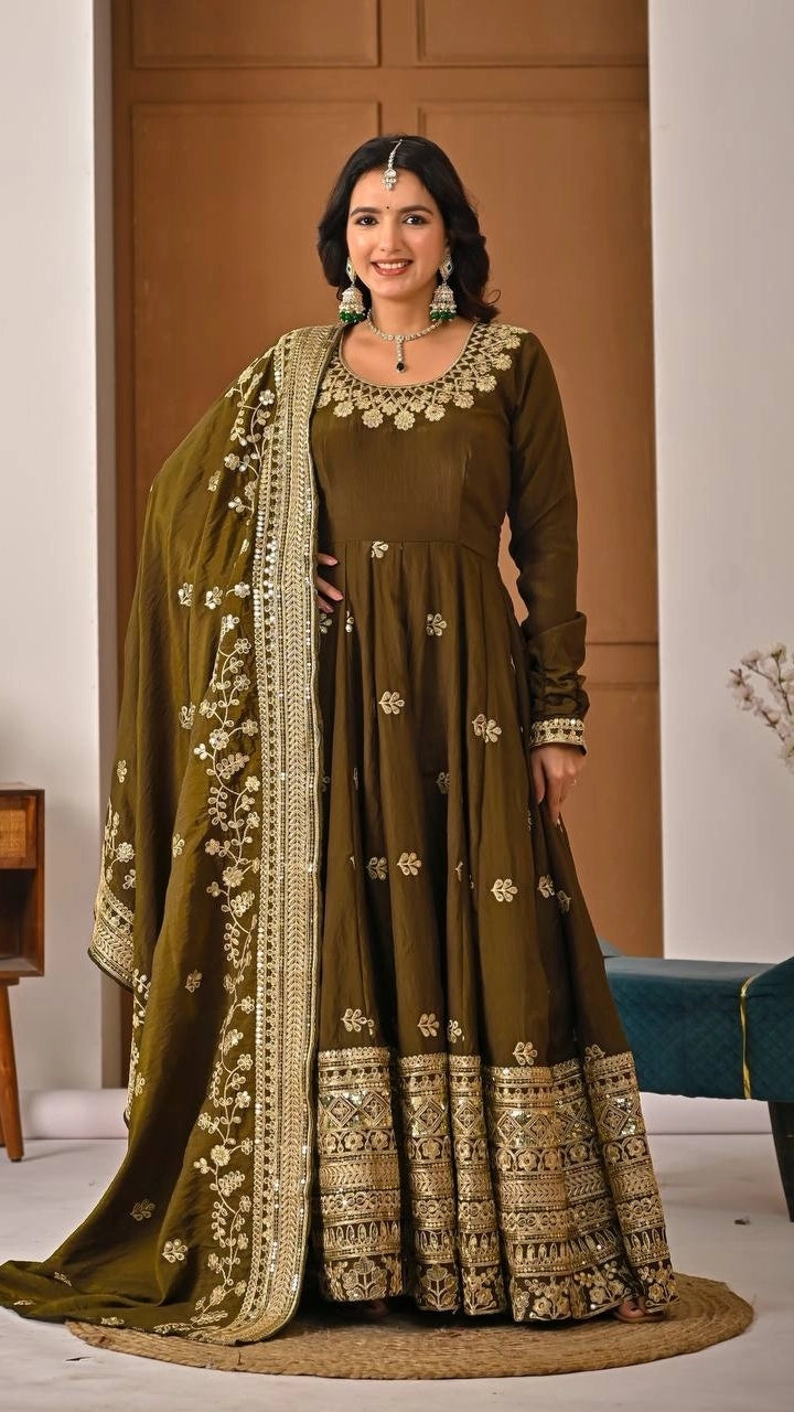 PREMIUM OLIVE GREEN HEAVY EMBROIDERED ANARKALI SUIT SET WITH DUPATTA | WHOLESALE RATE AT GEELAN FASHION SURAT