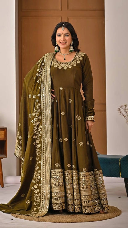 PREMIUM OLIVE GREEN HEAVY EMBROIDERED ANARKALI SUIT SET WITH DUPATTA | WHOLESALE RATE AT GEELAN FASHION SURAT