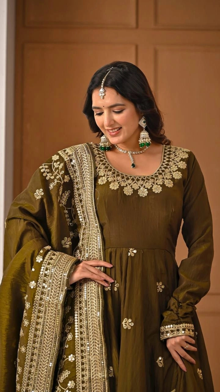 PREMIUM OLIVE GREEN HEAVY EMBROIDERED ANARKALI SUIT SET WITH DUPATTA | WHOLESALE RATE AT GEELAN FASHION SURAT